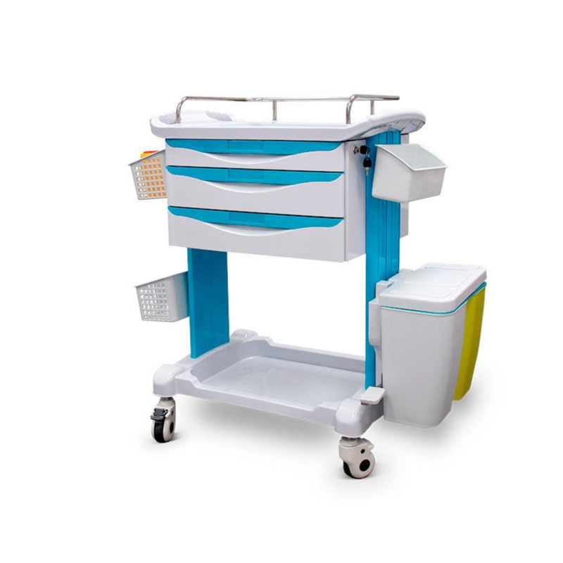 Chariot de soins avec garde-corps amovible, plateaux, étagères, 3 tiroirs – vue principale